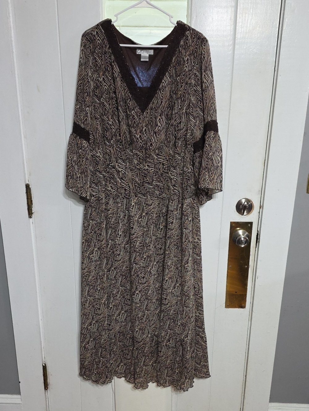 Dressbarn Women's Dress Midi Brown/Tan V-Neck Lace Trim Bell Sleeves Sz 20W EUC